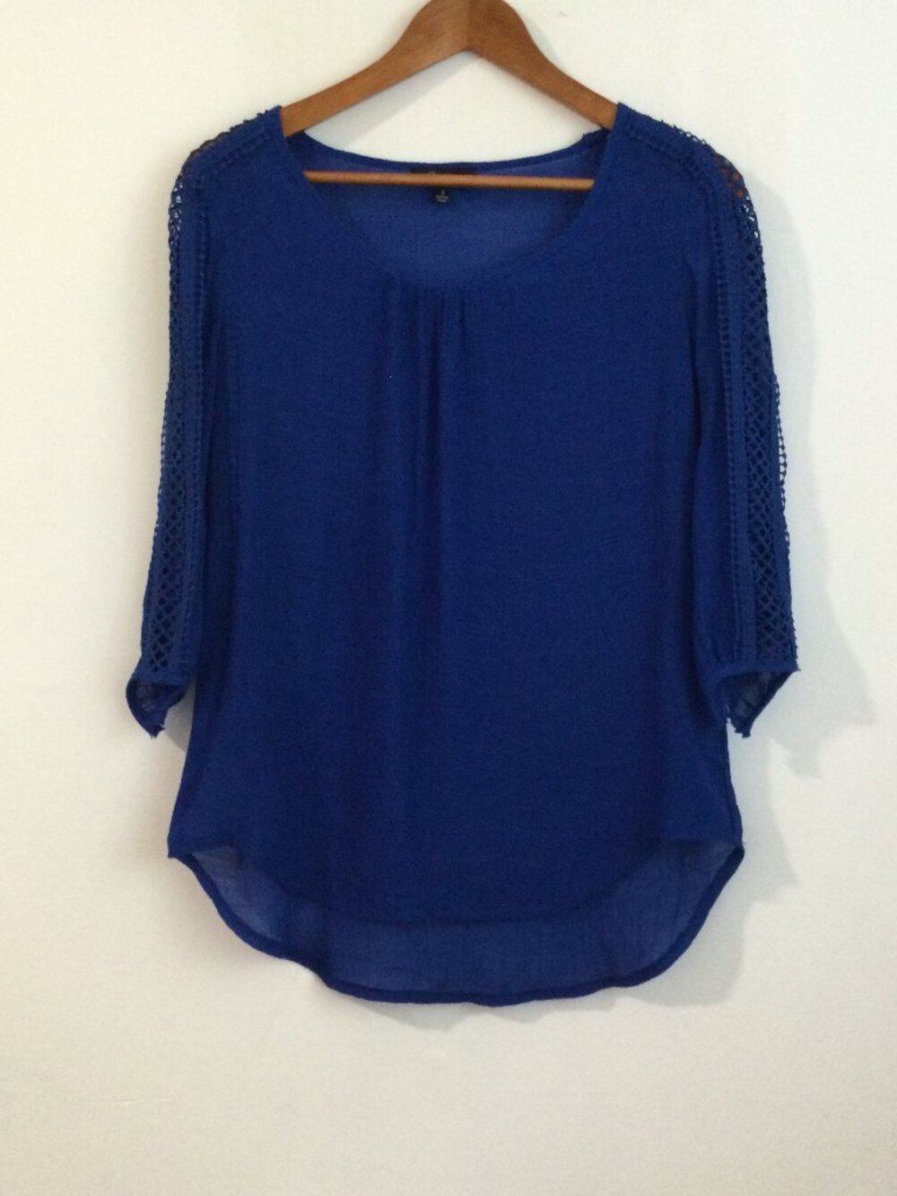 Cobalt Blue Gauze Sheer Embellished Crochet Sleeve Blouse Womens Small